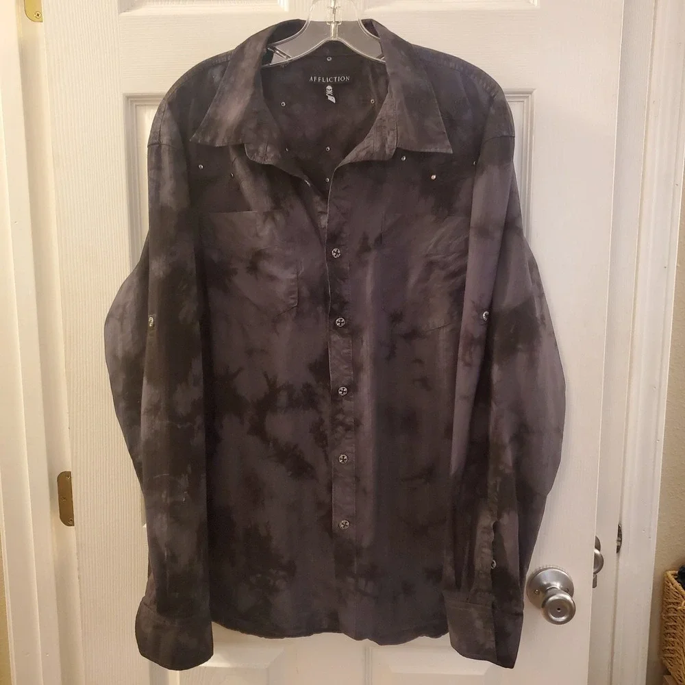 Affliction Gray/blk 2X Lng Slv Embroidery‎ ButtnUp Shirt Studs Goth Grunge Biker